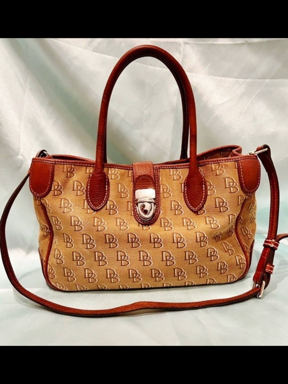 Dooney & Bourke Tan Logo-Print Shoulder Tote with Brown Leather Trim